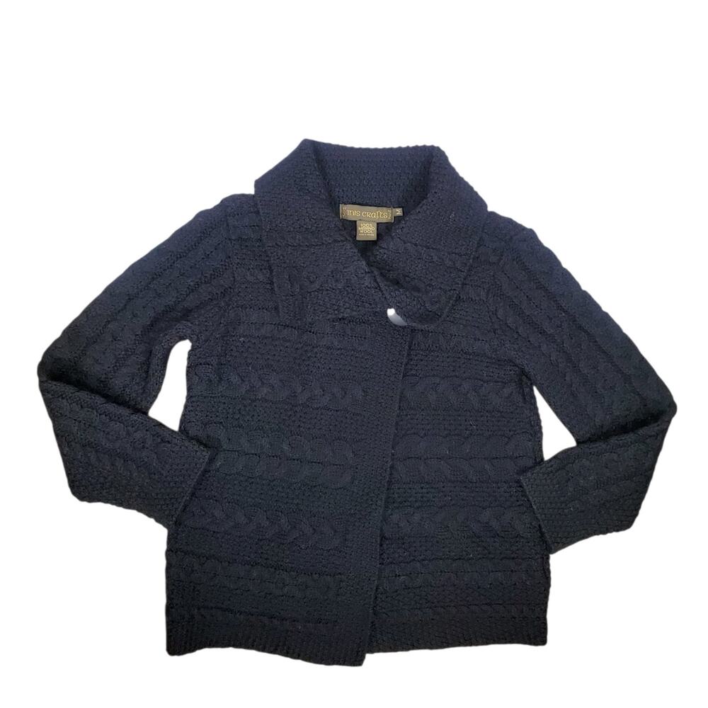 Inis Crafts Merino Wool Shawl Collar Cardigan One Button Knit Sz M Ireland Black